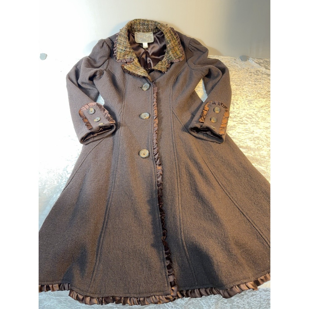 Nick & Mo Anthropologie Coat Womens L Brown Wool Tweed Ruffle Fit Flare